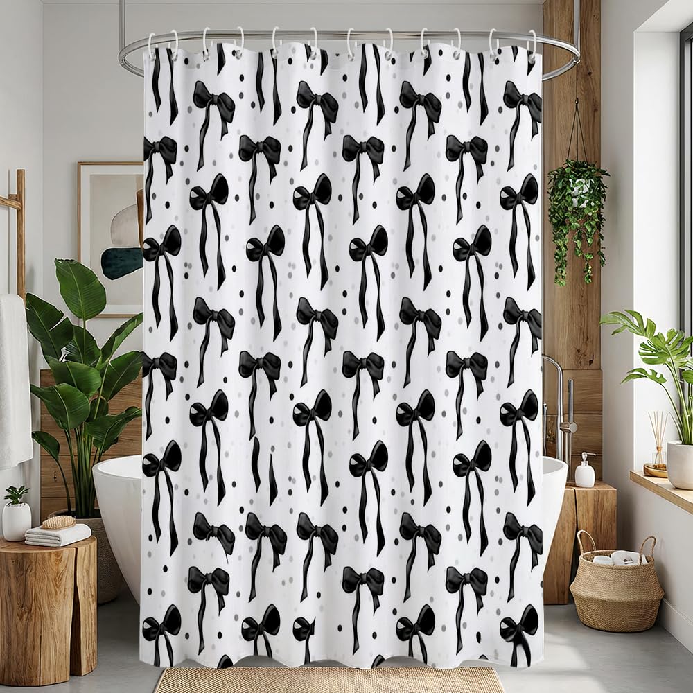 AURISSE Black and White Bow Pattern Shower Curtain, 180 x 180 cm Waterproof & Quick-Dry Polyester Fabric with 12 Hooks, Machine Washable Bathroom Decor (Black 26-3)