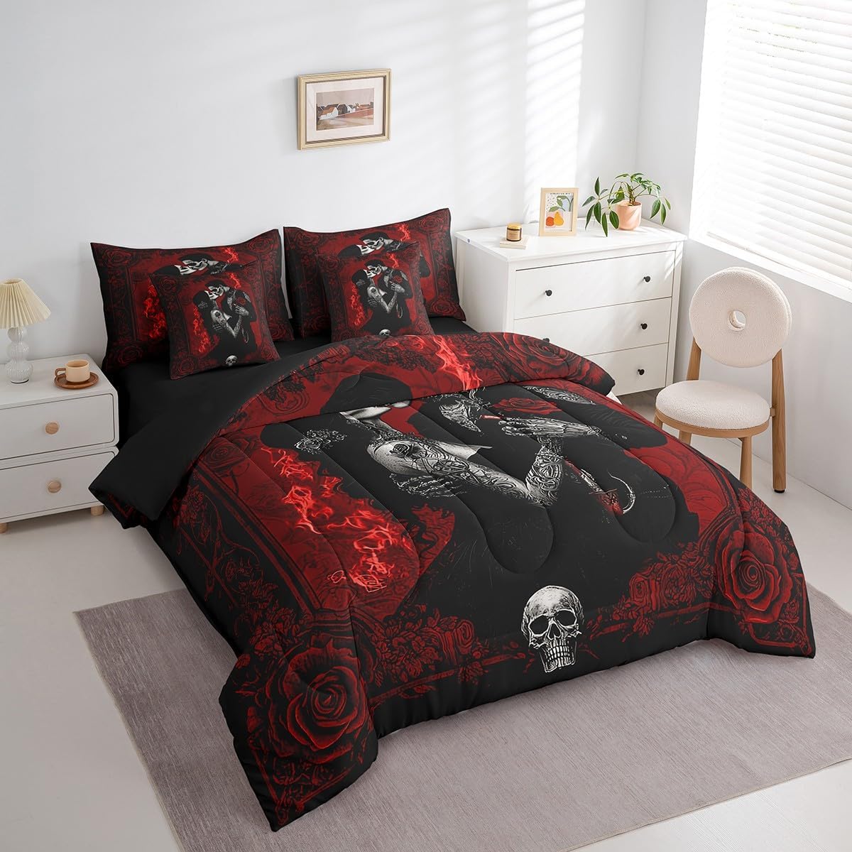 Erosebridal 7Pcs Skull Couple King Comforter Set,Kissing Lovers Skeleton Bedding Sets,Vintage Rose Flower Bed in A Bag,Gothic Spooky Lover Quilt with Flat Fitted Sheet Valentine's Day Bedroom Decor