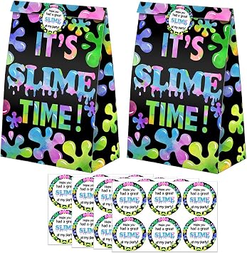 Slime Goodie Bags-24 Pcs Slime Party Favors Candy Bags with Stickers, Slime Goody Gift Treat Bags Slime Themed Birthday Party Supplies