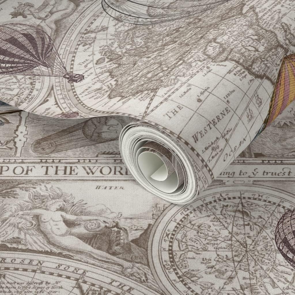 Peel & Stick Wallpaper 3ft x 2ft - Hot Air Balloons, Steampunk, Map Print, Vintage, Beige, Antique, Brown, World Travel Custom Removable Wallpaper by Spoonflower