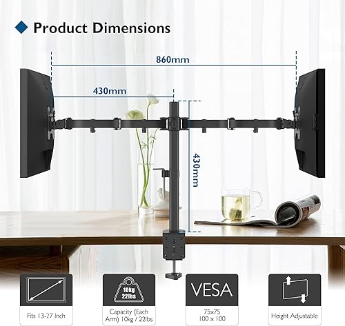 BONTEC Dual Monitor Arm Desk Mount for 13–27 Inch Computer Screens, VESA 75x75/100x100, Full Motion Adjustable Monitor Arm with 360° Rotation, Height Adjustable up to 430mm, Max 10kg per Arm, Black - 6