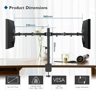 BONTEC Dual Monitor Arm Desk Mount for 13–27 Inch Computer Screens, VESA 75x75/100x100, Full Motion Adjustable Monitor Arm with 360° Rotation, Height Adjustable up to 430mm, Max 10kg per Arm, Black