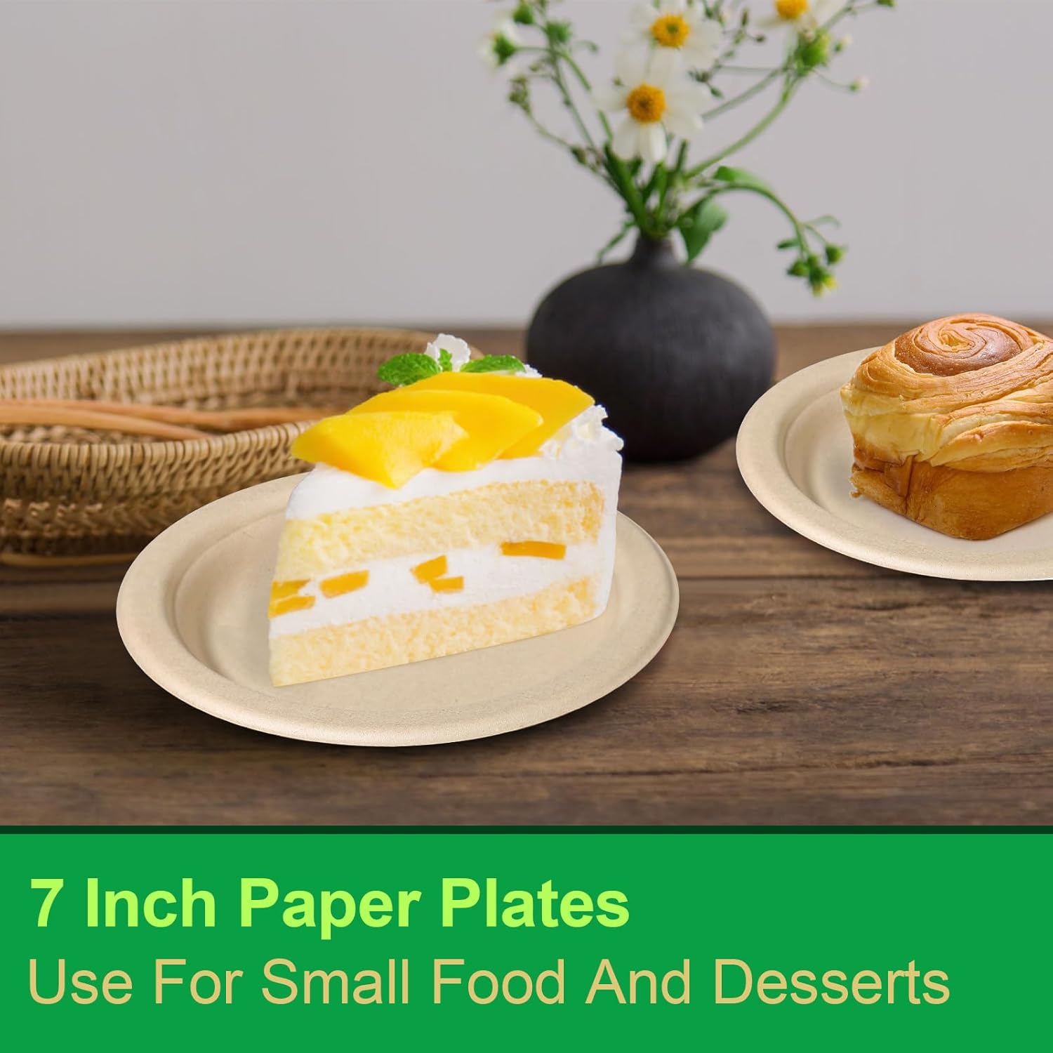 Small Paper Plates 7 inch, 300 Pack Disposable Paper Plates Bulk, 100% Compostable Dessert Plates, Biodegradable Recycled Paper Plates, Brown