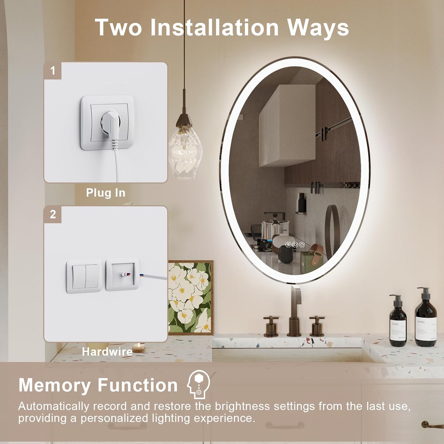 LED Bathroom Mirror, 36X24 Inches Oval LED Mirror for Bathroom, Vanity Mirror with Lights with Anti-Fog & 3 Colors, Wall-Mounted Dimmable Bathroom Mirror with Backlit