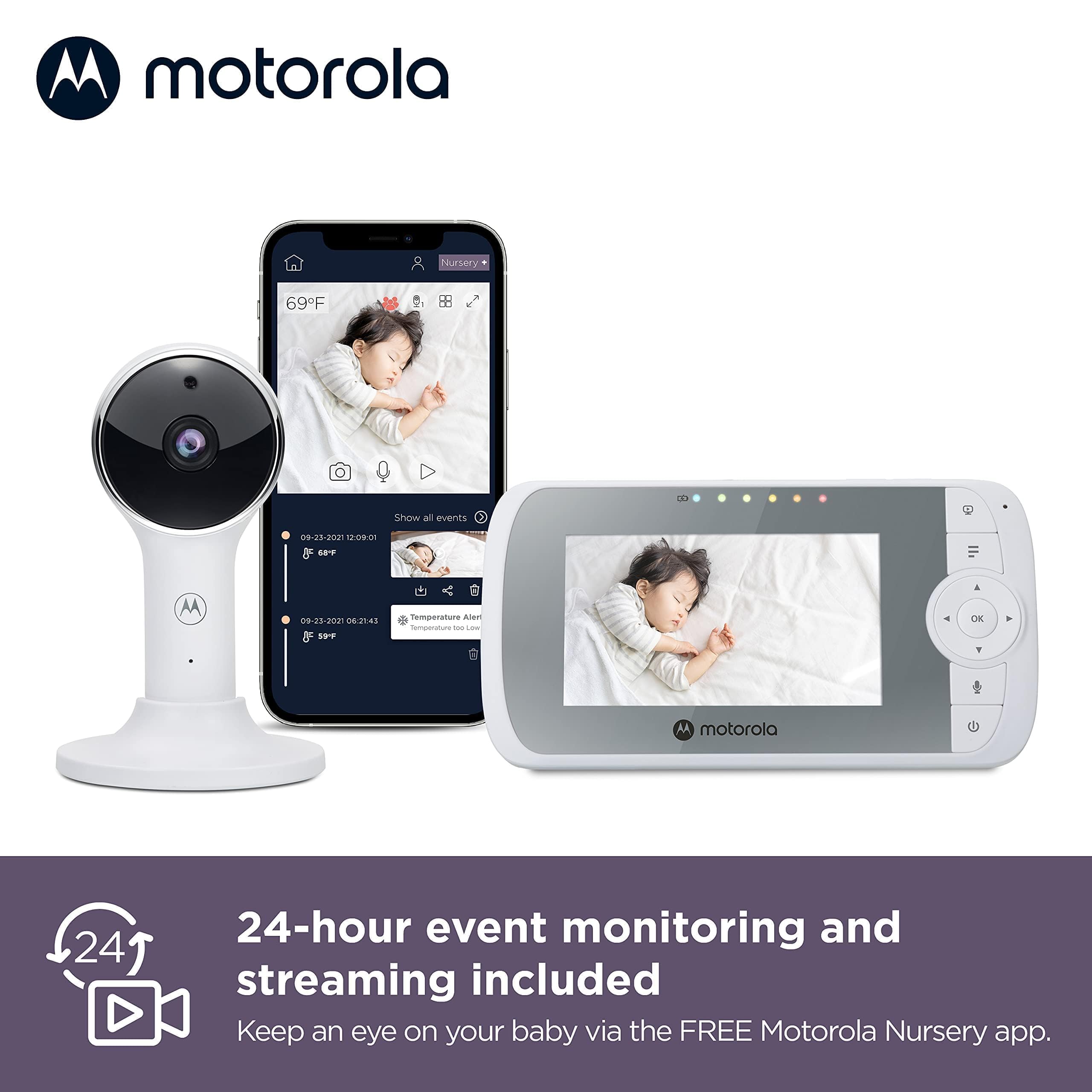 Motorola Nursery Monitor VM64, Wifi 4.3 pollici con Fotocamera, App Smartphone, Supporto Magnetico, Lungo Raggio, Audio Bidirezionale, Zoom Digitale