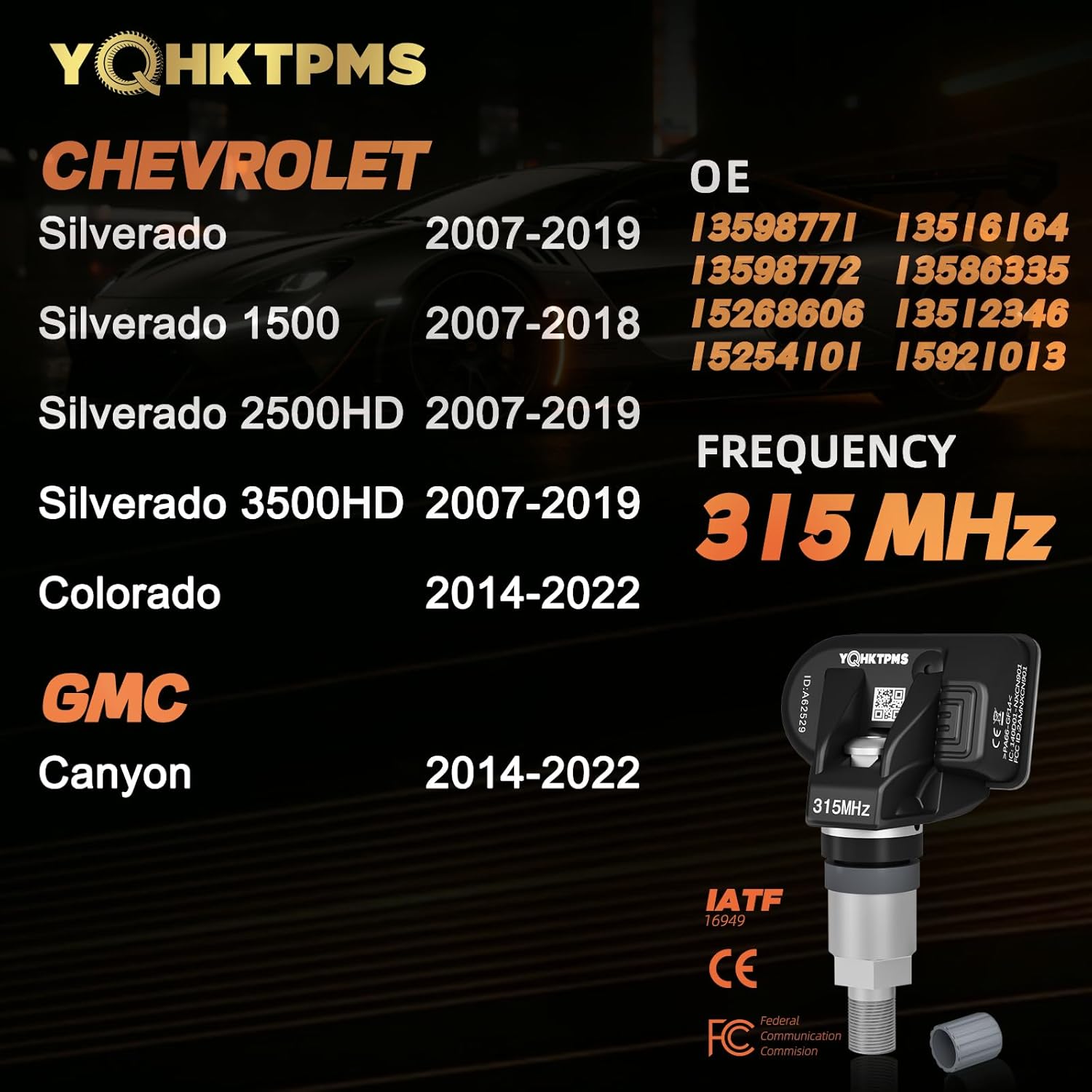 TPMS GM 315MHz Pre-Programmed Tire Pressure Sensor Compatible with Chevrolet Silverado 2007-2019 | Silverado 3500 2007-2019 | Colorado 2014-2022 | GMC Canyon 2014-2022/OE:13598771(Set of 4)