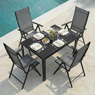 LIFERUN 5-Teiliges Gartenmöbel Set, Aluminium Balkonmöbel Set, 4pcs Verstellbare Hochlehner Klappstühle +110x70cm WPC Wetterfest Rechteckiger Terrassentisch,Essgruppe Sitzgruppe Outdoor, Schwarz