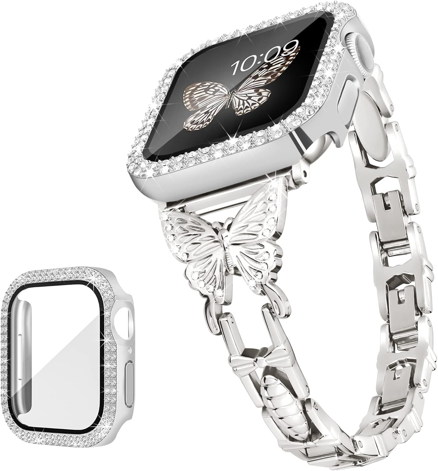 wipalor Compatible with Apple Watch Band Series 8 7 41mm+Bling Case, Lightweight for Women, Easy Adjustable Bracelet, Shiny Diamond on Butterfly, Jewelry Metal Strap for iWatch Series 8 7(Silver)
