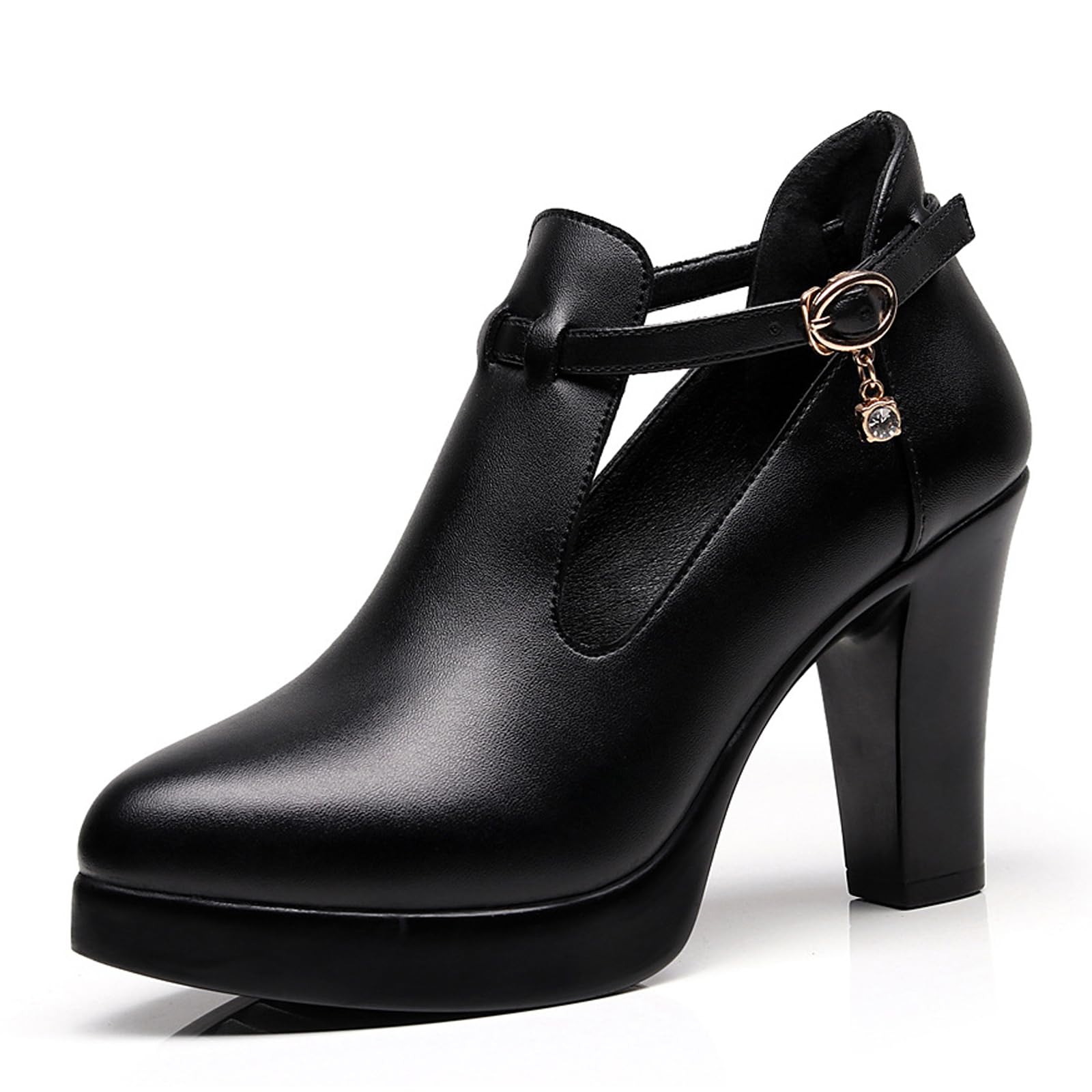 Womens Leather Black Hollow Chunky Heel Ankle Boots Fashion Comfortable Pointed Toe Breathable Buckle Strap Non-slip Platform High