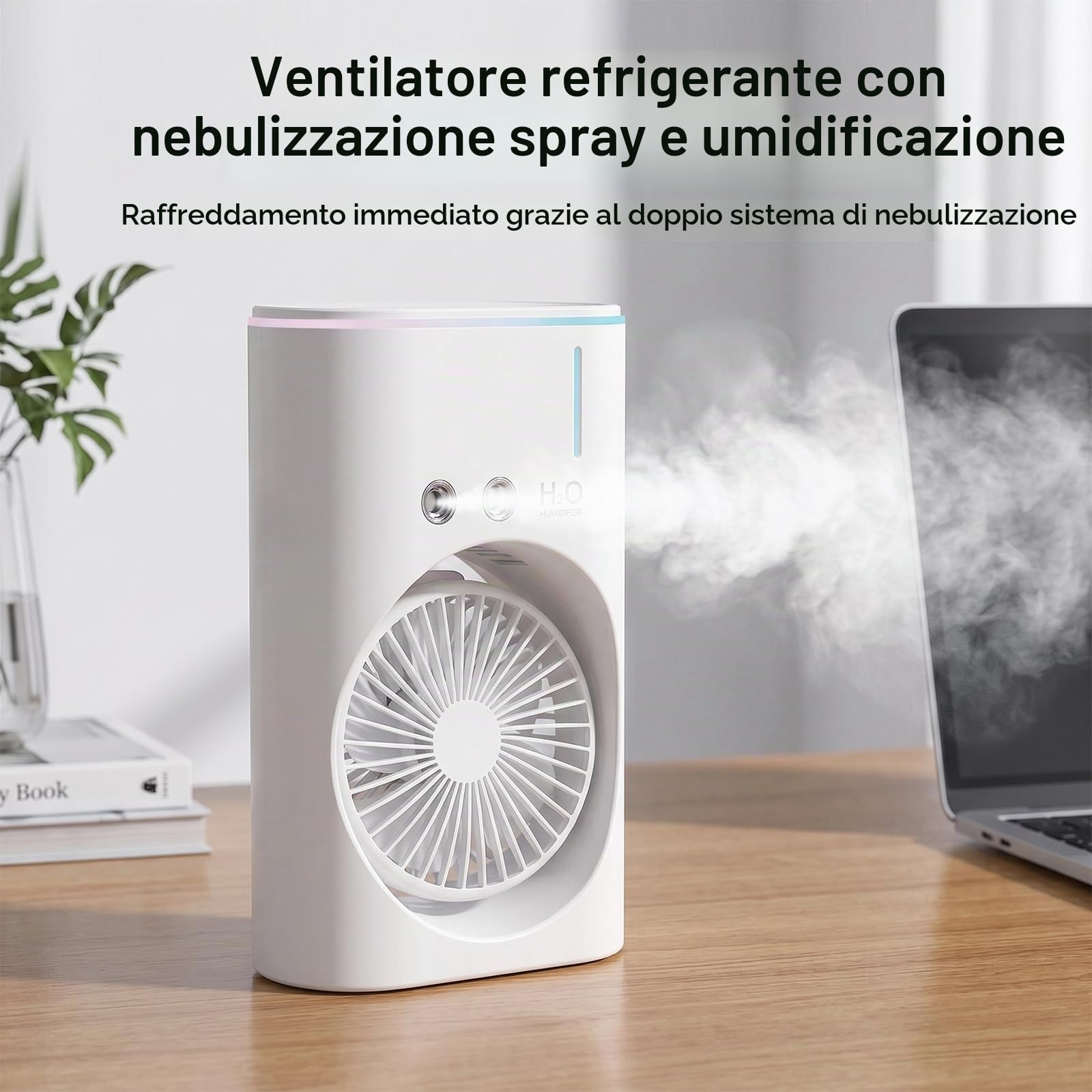 EXTRASTAR Ventilatore nebulosa di spruzzo, batteria USB, 3 velocità e 2 livelli di spruzzo, ventilatore da tavolo con luce RGB e serbatoio d'acqua da 280ml per l'estate, il campeggio e l'ufficio