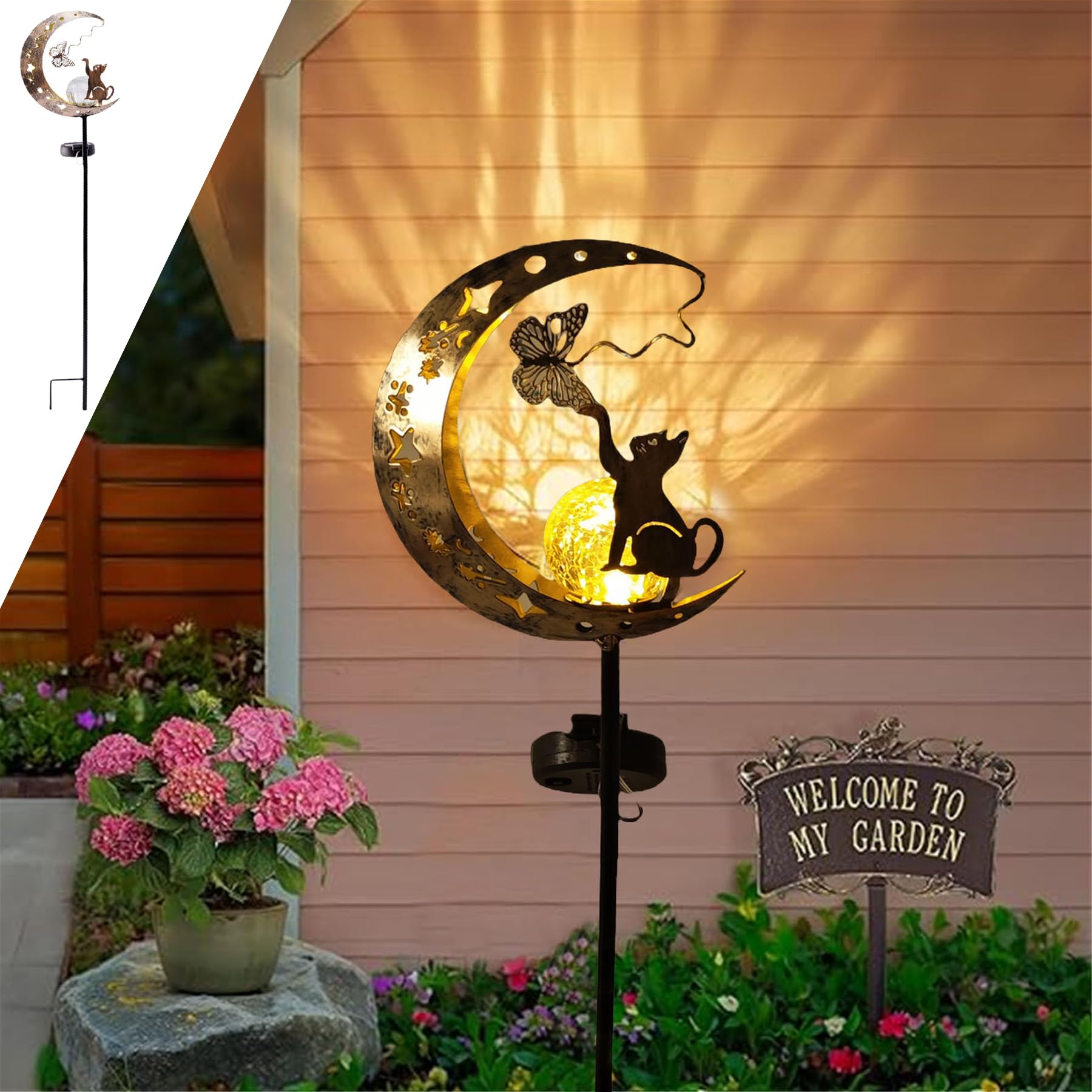 YeahBoom Mond Solarleuchten Garten Deko,Garten mit Katze,Mond Solarleuchten Garte im Freien Solarlampe,Leuchten Balkon,Wasserdichte Solarleuchte,Freien Solarlampe für draußen Terrasse Hof Rasen