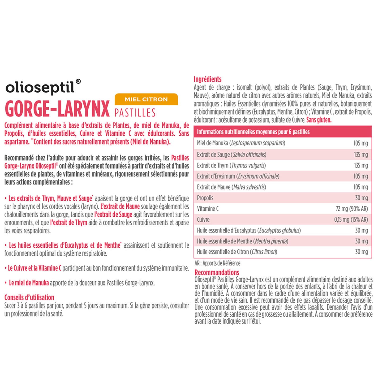 OLIOSEPTIL - Pastilles à Sucer Gorge-Larynx - Apaise et Assainit la Gorge - Sans Sucres Ajoutés - Extraits de Plantes, Vitamine C, Cuivre et Huiles Essentielles - Gout Miel Citron - Lot de 3
