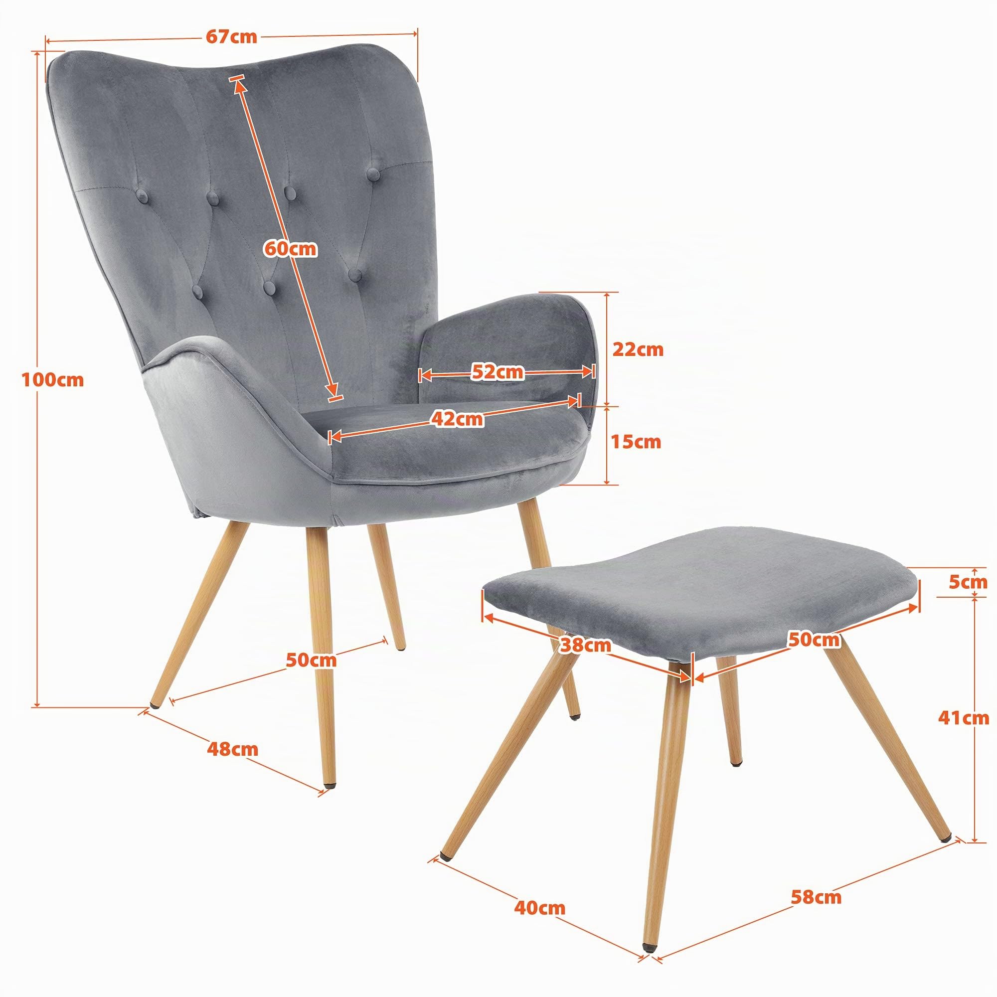 Albatros sedia ad ala con sgabello YORK, beige, rivestimento in velluto, comoda imbottitura, poltrona TV, poltrona imbottita