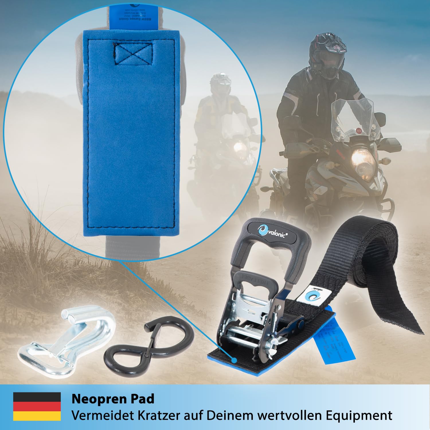 valonic PANTHER - 2x Motorrad Spanngurte mit Haken, 2,25m, blaue Fahne, 38mm, mit Polster, 650/1300 Kg, TÜV Rheinl. / GS zertifiziert, EN 12195-2 - sehr kurzer Spannweg, Motorradhalterung für Anhänger