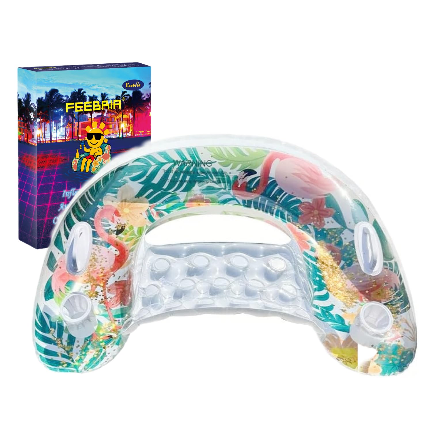 Vibrant Flamingo Inflatable Pool Lounger with Glitter, Luxury Floating Water Chair with Backrest & Cup Holders, Aesthetic Tropical Pool Floaties for Summer Party, Beach & Vacation Essentials