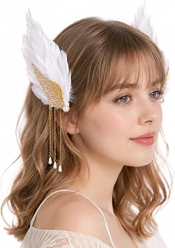 LOGOFUN Angel Feather Wing Hair Clip with Tassel, White | Provides A Small Decorative Accent to Bangs, Braids, And Updos, Suitable for Parties, Photos, and Everyday Hairstyling