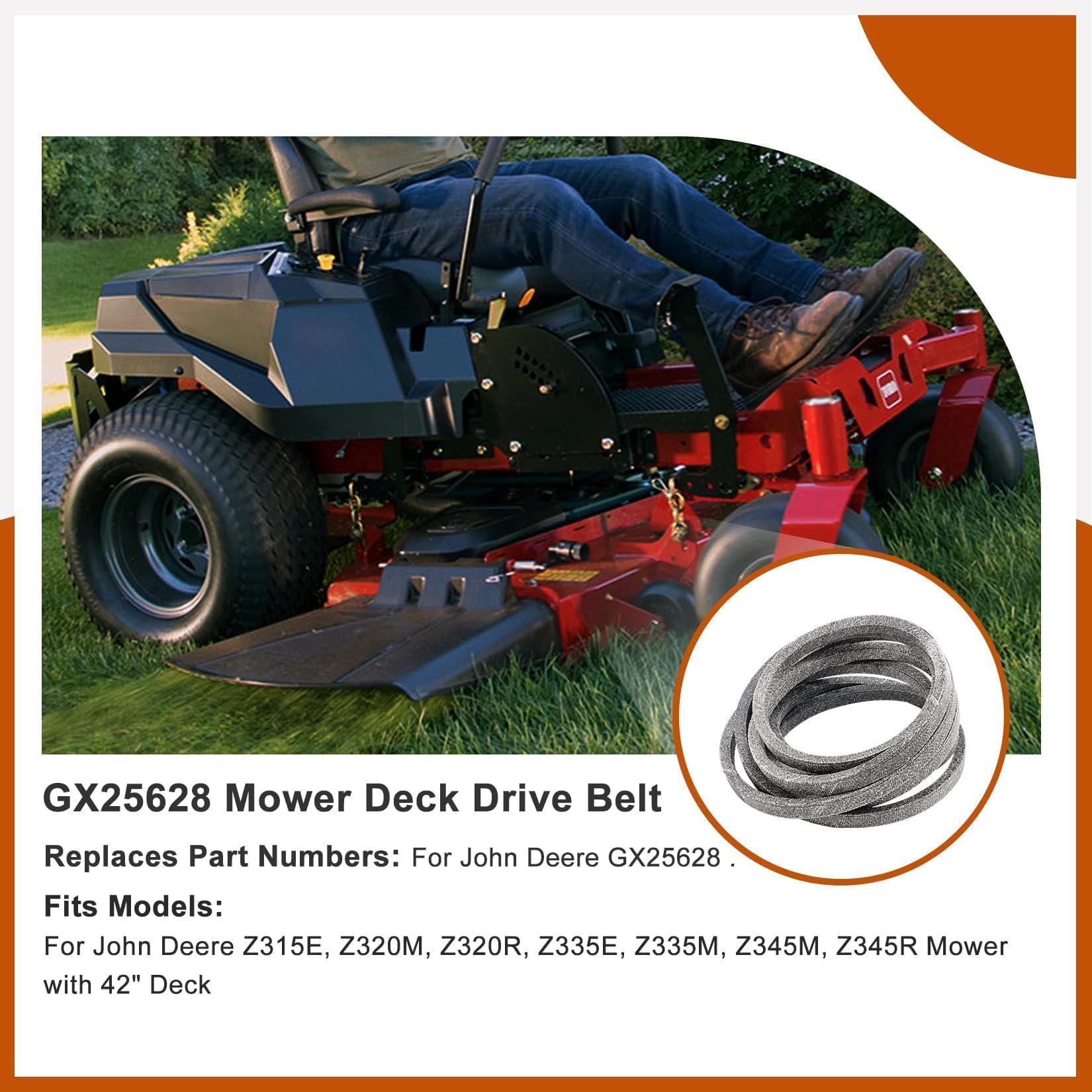 GX25628 - Correa de transmisión de repuesto para cortacésped John Deere GX25628 Z335E Z335M Z345M Z345R con cubierta de 42 pulgadas (1/2 pulgada x 118.3 pulgadas)