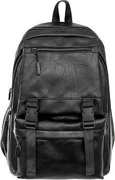 Black Leather Rucksack Men, PU Leather Laptop Backpack for Men, Water-Resistant 15.6 Inch Large Capacity Gothic Business School Travel Rucksack