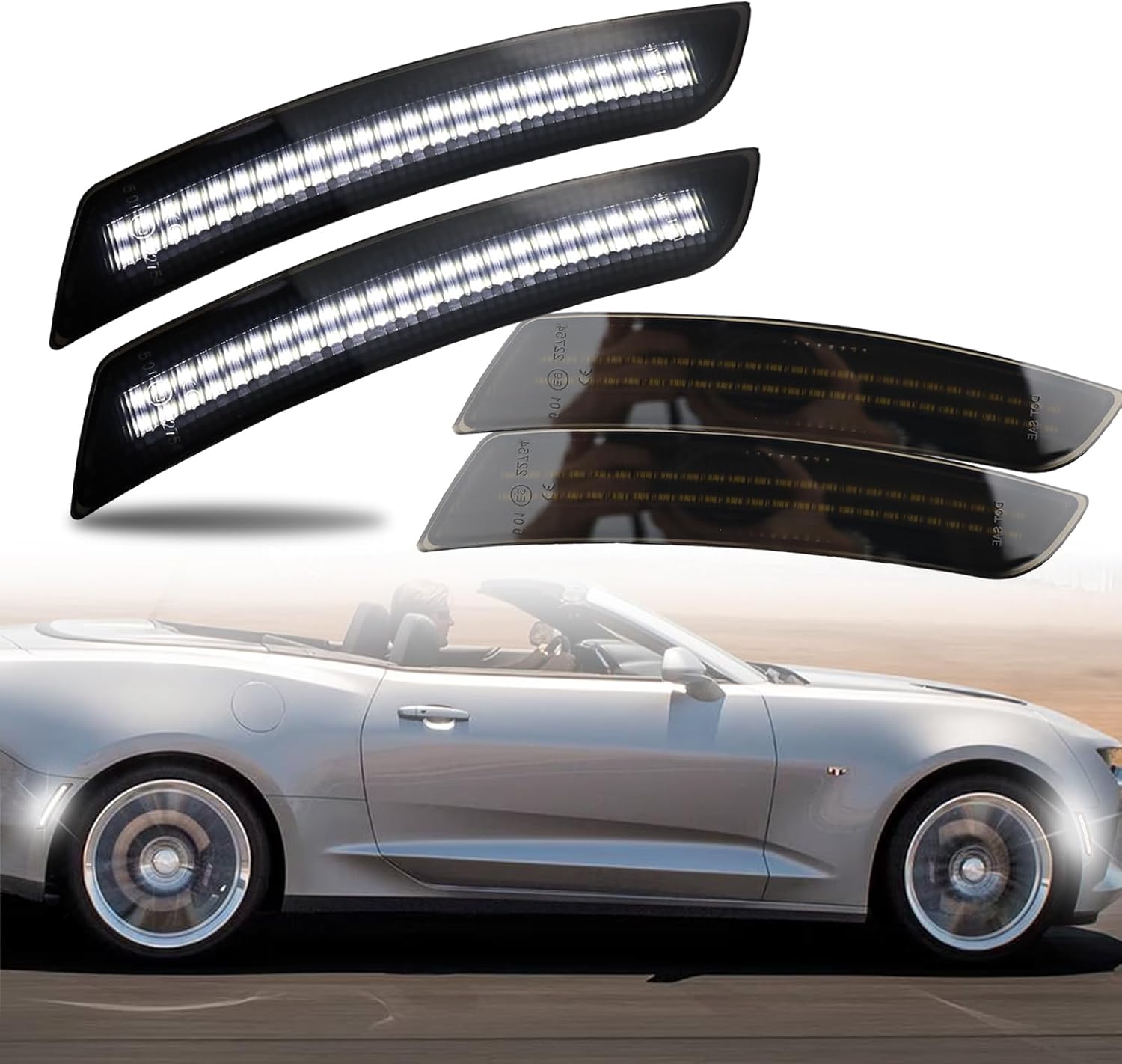 LED Front&Rear Fender LED Side Marker Lights Kit for Camaro 2016-2023, Replacement for Cadillac CTS/ATS (2015-2022),Smoked Lens Side Bumper Marker Lamps,4pcs (White)