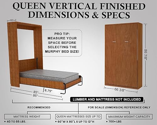 Miniatura 16 de Murphy - Kit de herrajes para cama de tamaño individual, marco de madera plegable, cama de pared para habitación de invitados, fácil de construir,