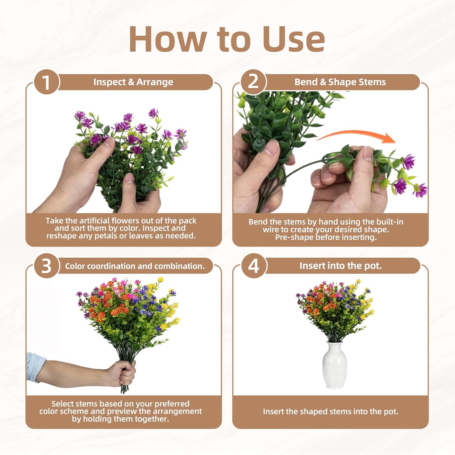 Cleangor 24 Bundles Artificial Flowers for Outdoors, No Fade Fake Plastic Flowers, UV Resistant Artificial Outdoor Plants, for Spring Summer Garden, Porch, Window Box, Home Wedding Farmhouse (6 Color)