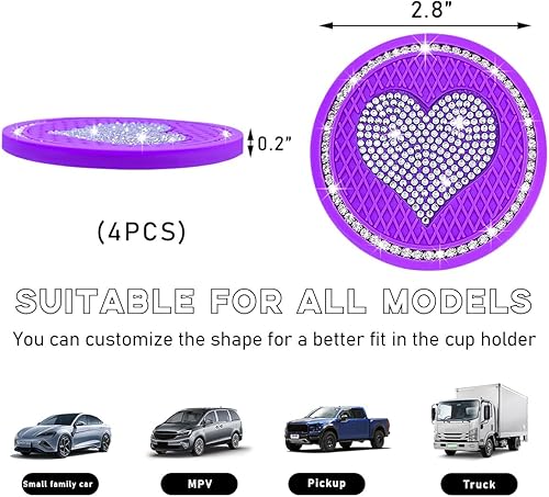 Miniatura 8 de 2 posavasos brillantes para automóvil, 2.75 pulgadas, con diamantes de imitación, tapete antideslizante e impermeable de cristal, accesorios