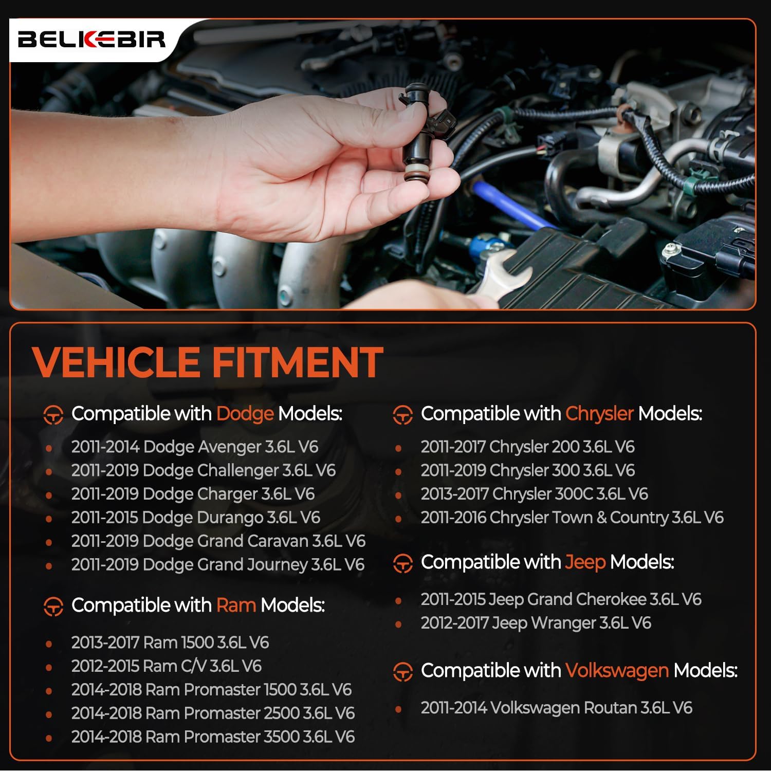 Set of 6 Fuel Injectors 4 Holes Compatible with 2011-2019 Dodge Challenger Charger Durango Journey Grand Caravan Chrysler 200 300 Jeep Grand Cherokee Wrangler RAM 1500 3.6 V6 Replace FJ1147 0280158233