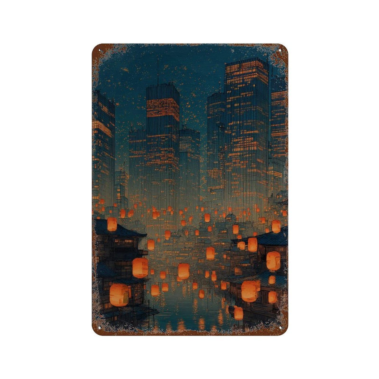 xiaoxiaoshen Cityscape Lantern Festival. Y2k Indie Decor Wall Decor Art Metal Tin Poster Modern Home Decor Art Home Bar Shop Decorations Vintage Sign 30x20cm