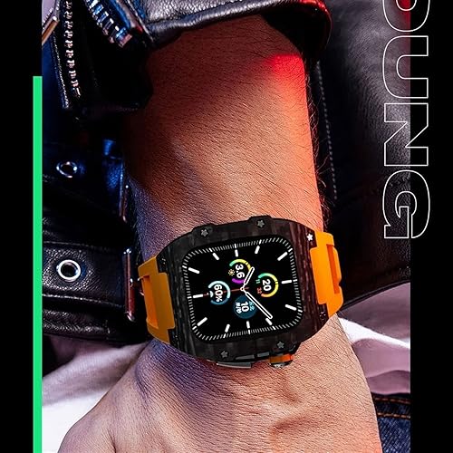 BIK Rm - Kit de mod para Apple Watch 8, 7, de 1.77 pulgadas, funda de fibra de carbono y correa de fluororubber, correa de repuesto para iWatch 6,