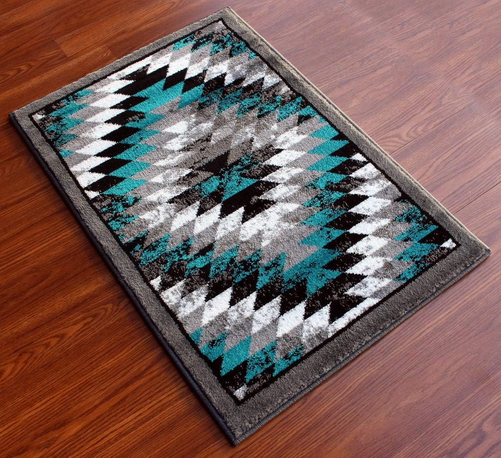 Masada Rugs, Stephanie Collection Area Rug Southwest Native American Distressed Design 1106 Turquoise Grey White Black (2 Feet X 3 Feet) Mat