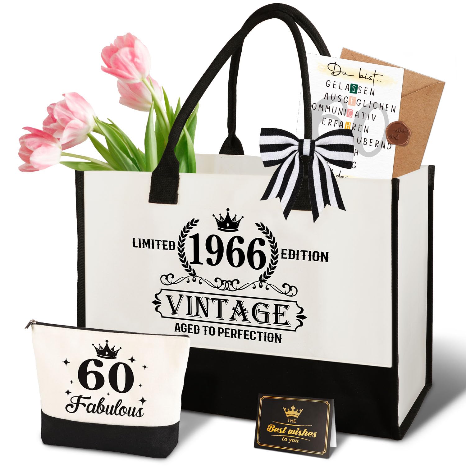 Giftota 60. Geburtstag Geschenk Frau – Vintage 1966 Canvas Einkaufstasche Tragetasche, Kosmetiktasche Set & Grußkarte – 60. Geburtstagsgeschenk für Mama, Kollegin Freundin, Schwester für Frauen