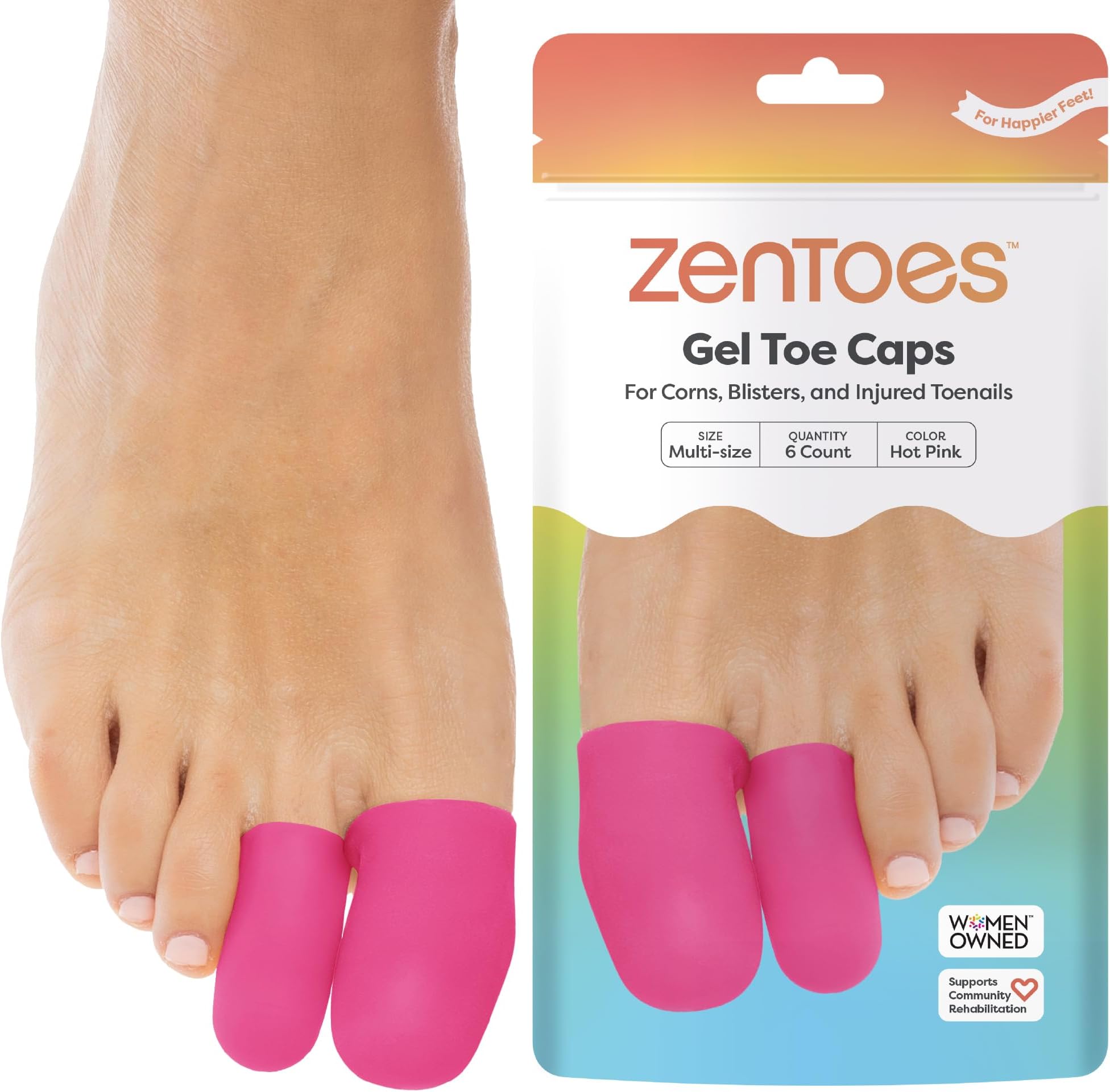 ZenToes 6 Pack Gel Toe Cap and Protector - Cushions and Protects to Provide Relief from Missing or Ingrown Toenails, Corns, Blisters, Hammer Toes (Variety, Hot Pink)