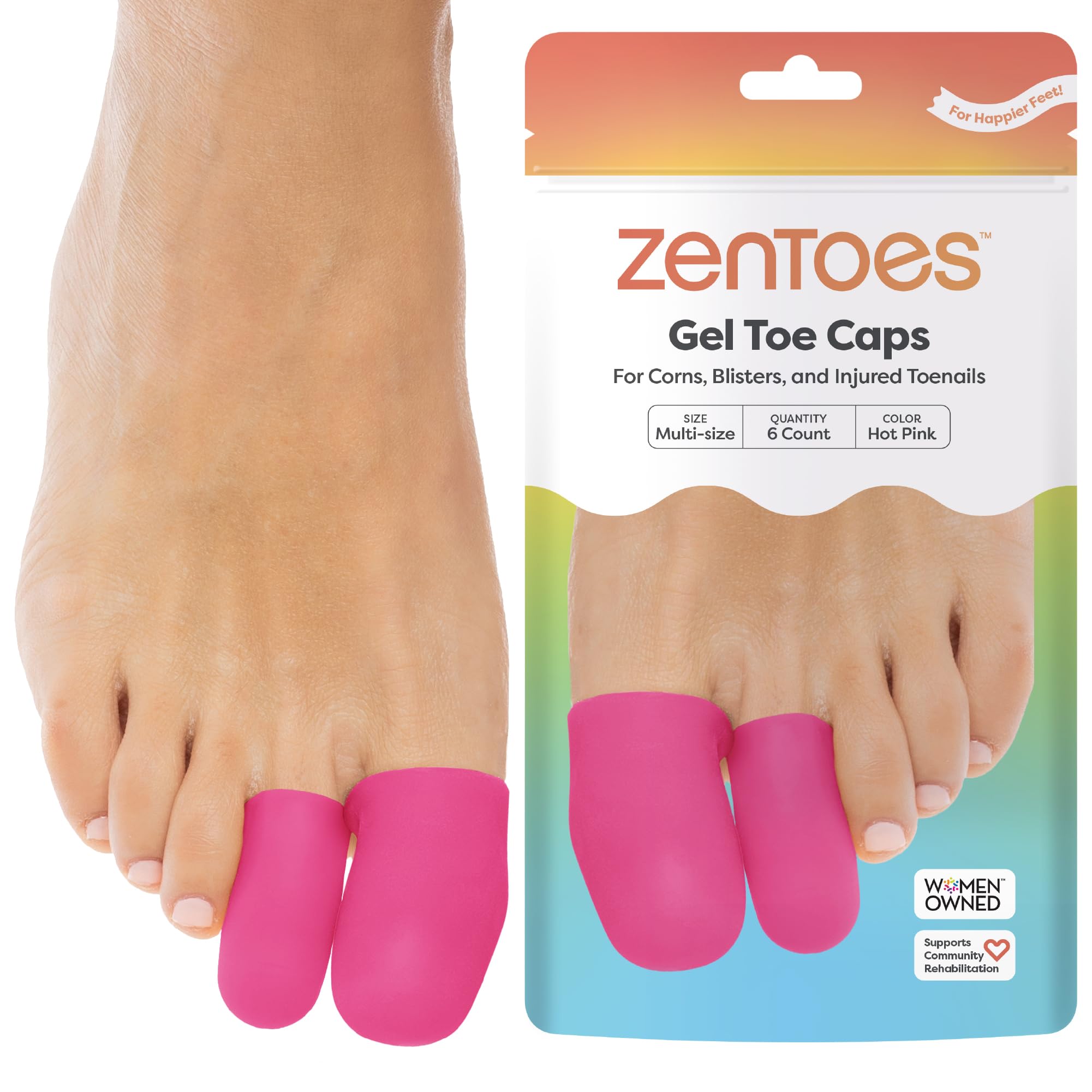 ZenToes 6 Pack Gel Toe Cap and Protector - Cushions and Protects to Provide Relief from Missing or Ingrown Toenails, Corns, Blisters, Hammer Toes (Variety, Hot Pink)