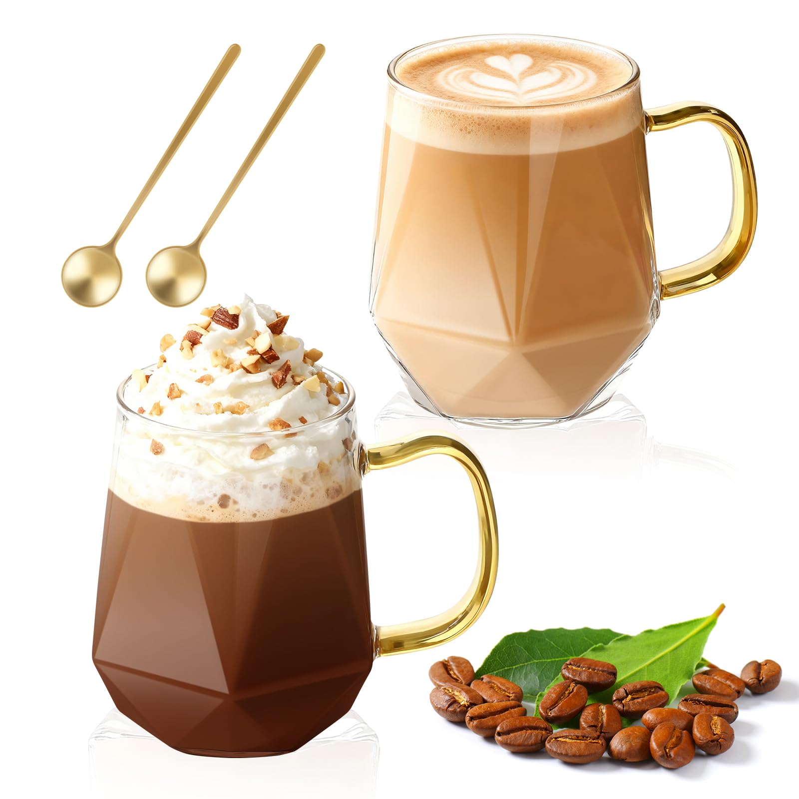 LOOFORE Glass Coffee Mugs 350ml Set of 2, Glass Mugs for Hot/Cold Drinks with Handles and Spoon, Borosilicate Heat Resistant Cups for Cappuccino Latte Macchiato Espresso Tea Milk Juice Beer — image 1