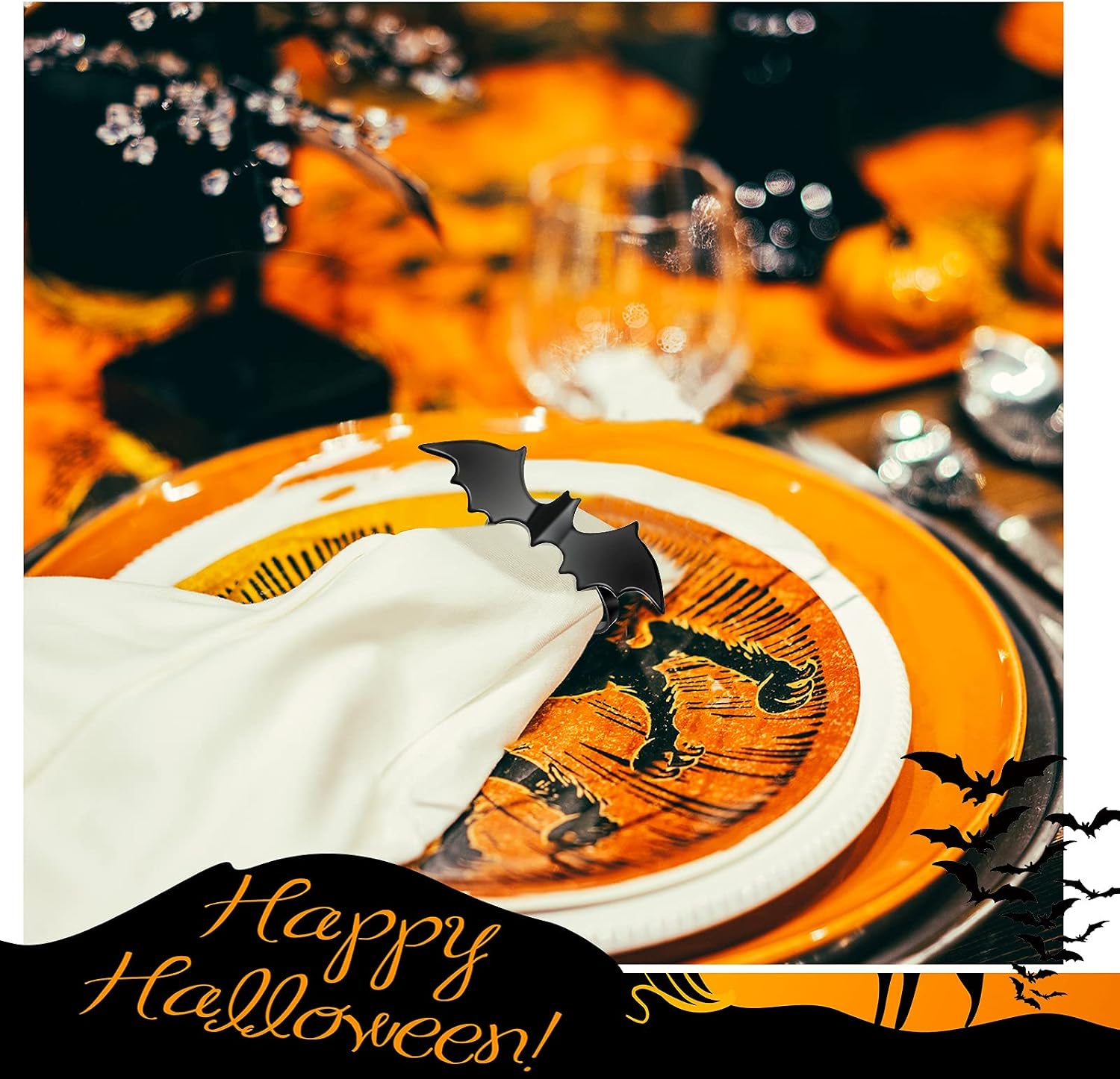 Chengu 6 Pcs Halloween Napkin Rings Bat Ring Holder Black Metal Table Decor