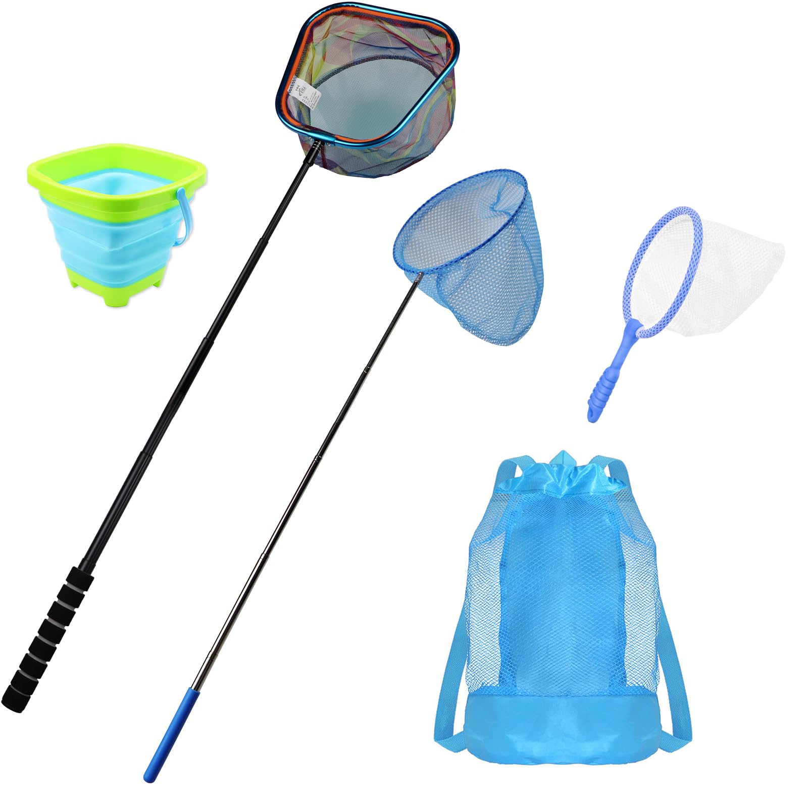 Juego de red de pesca para niños, red de aterrizaje telescópica con cubo, red de mariposas pequeñas e insectos, bolsa de almacenamiento para agua dulce, lago, estanque, jardín, actividades al