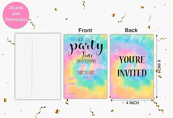Lesixur Invitation Cards, Tie Dye Birthday Party Invites Card for Girl Boy 20 Cards With Envelopes set (INb001)