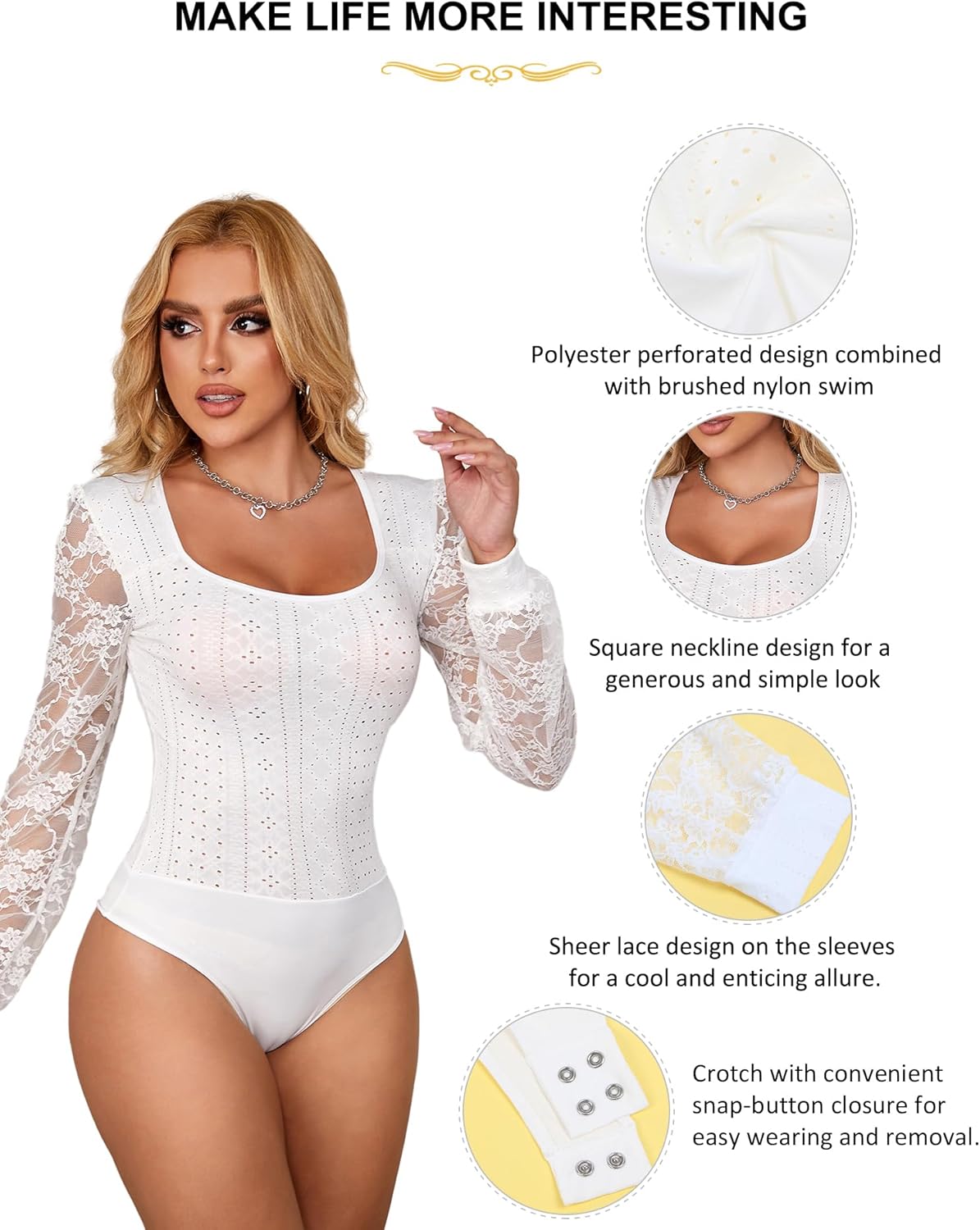 Women's Plus Size Bodysuits Long Sleeve Square Neck Bodysuit Lace Floral Top Breathable Sheer Leotard S-2XL - Image 5