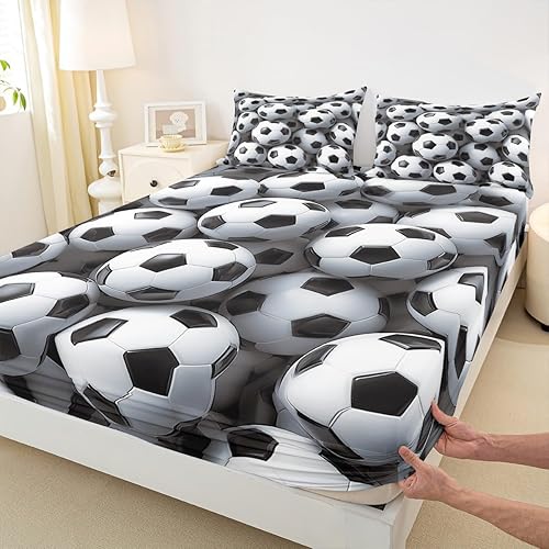 Miniatura 6 de Erosebridal Juego de ropa de cama de fútbol para niños, juego de sábanas deportivas para niños y adolescentes, sábana bajera ajustable hexagonal