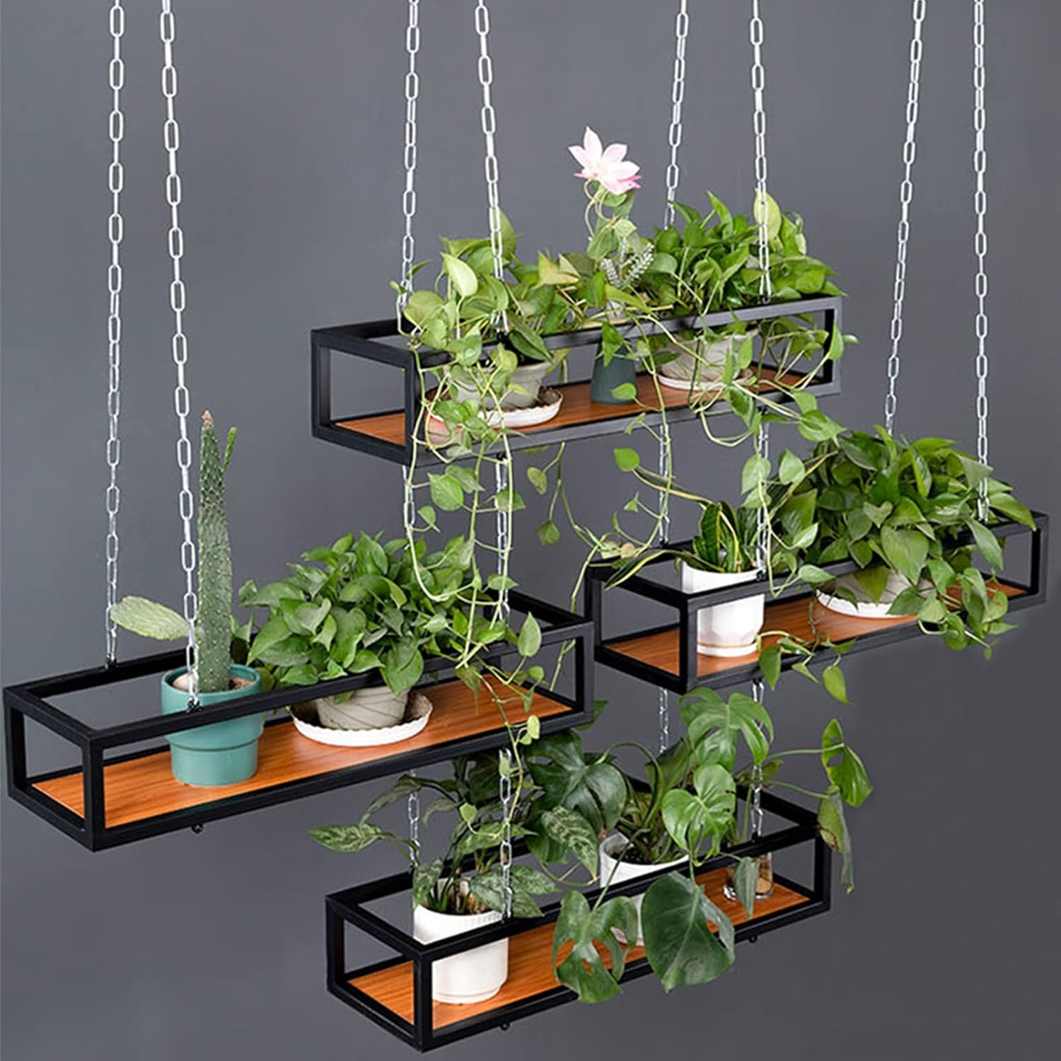 Ceiling Hanging Shelf Ceiling Mount Storage Rack Wooden Boards Metal Display Stand with Iron Chain x4 Wine Bottle Plants Books Decoration Organization Shelves (Size : 40x25x15cm)