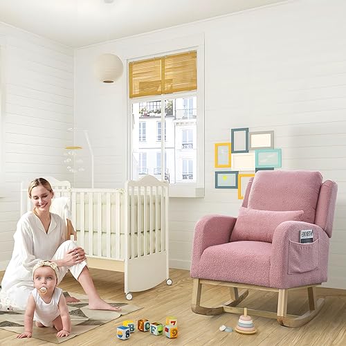 Miniatura 7 de Antetek Silla mecedora para guardería, silla basculante con respaldo alto tapizada con respaldo alto con bolsillos laterales, sofá individual