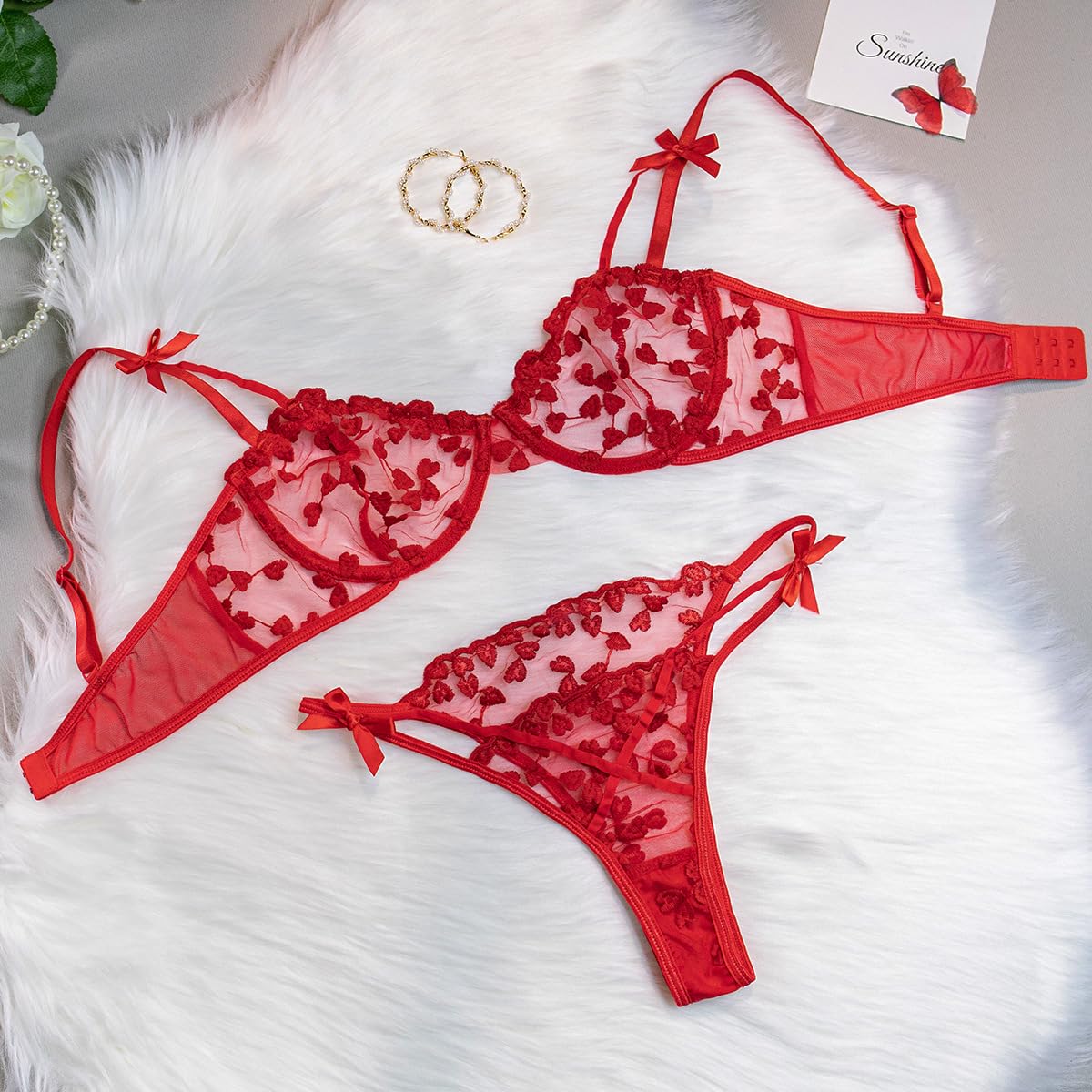 Conjunto de lencería Sexy de 2 Piezas para Mujer con Bordado Floral de corazón, Sujetador con Aros de Media Copa y Tanga, Sujetador Transparente de Malla para Mujer, Tanga a Juego, Bragas, Conjuntos