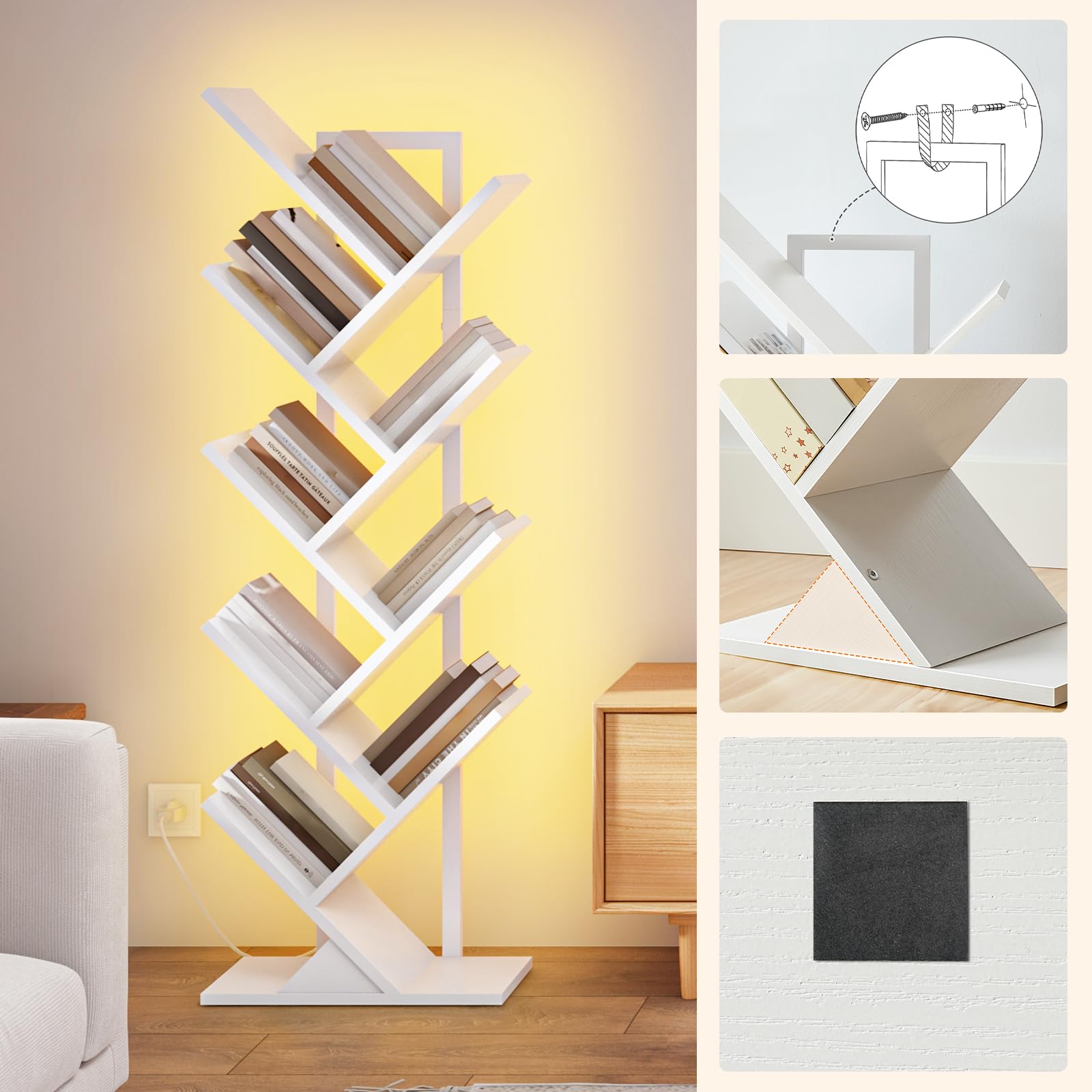 HOOBRO Librería en Forma de Árbol de 8 Niveles, Estantería Esquinera de Pie, Biblioteca Moderna con Marco de Metal para Libros, CDs, Salón, Dormitorio, Oficina, Blanco EWW08CDSJ01