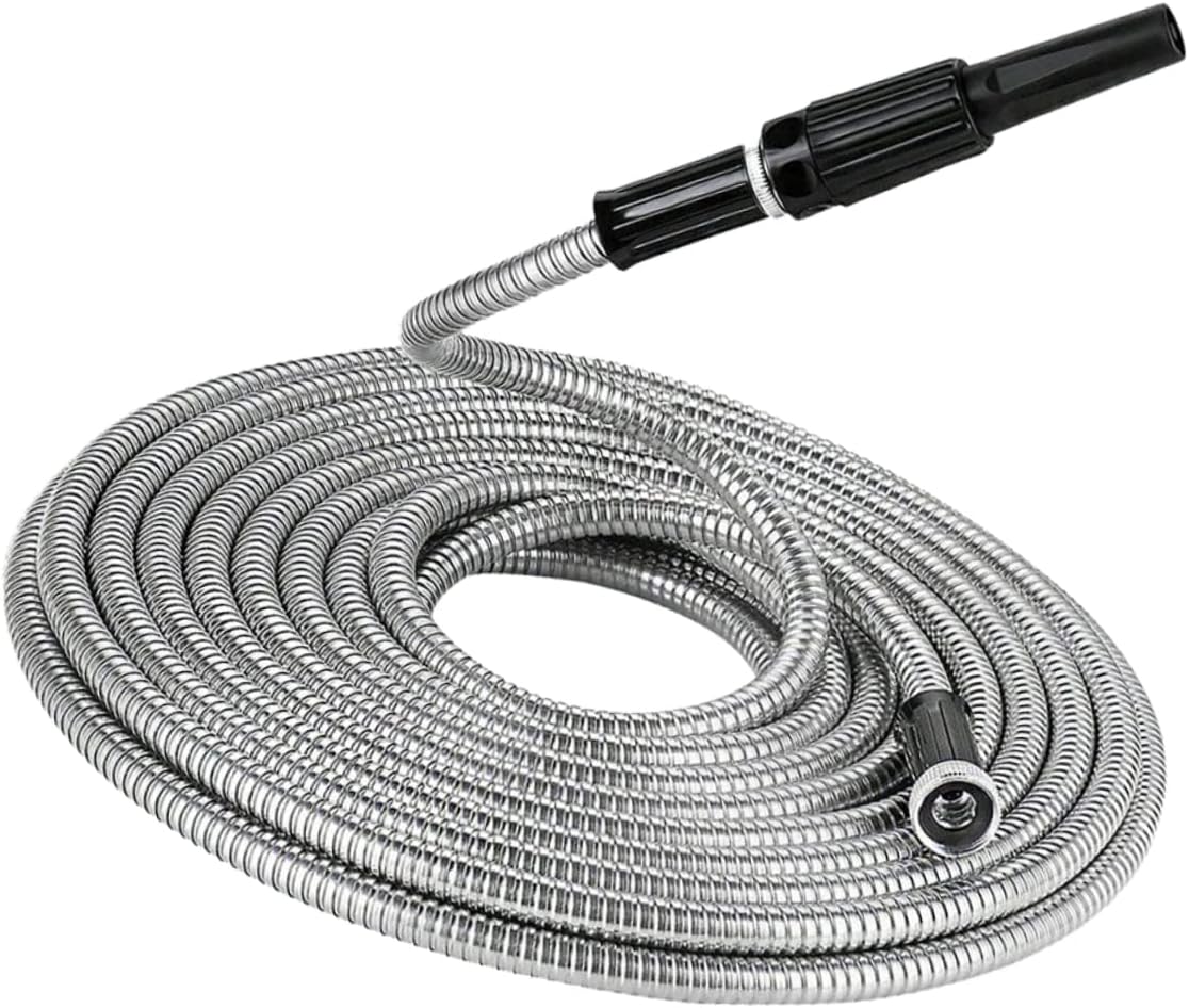HANABASS Stainless Steel Telescopic Garden Hose Flexible Watering Hose with Nozzle Durable Kink Design for Lawn and Outdoor Use Eu Standard Silver Finish