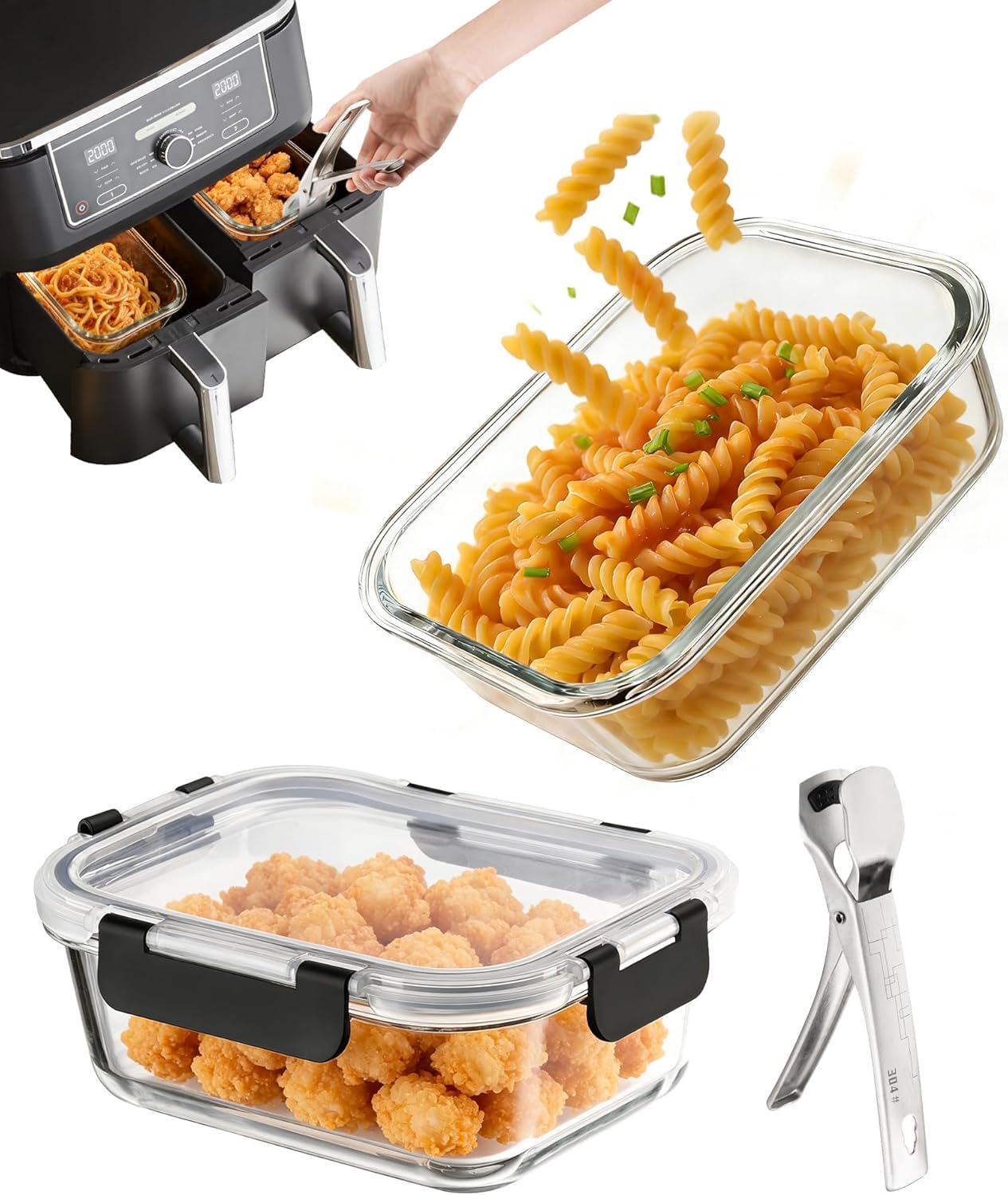 MOWETOO 2 x Glass Airfryer Molds with Stainless Steel Tweezers | 20 x 15 cm, airfryer accessory suitable for Cosori, Ninja, Philips, etc. Scratch resistant, close well