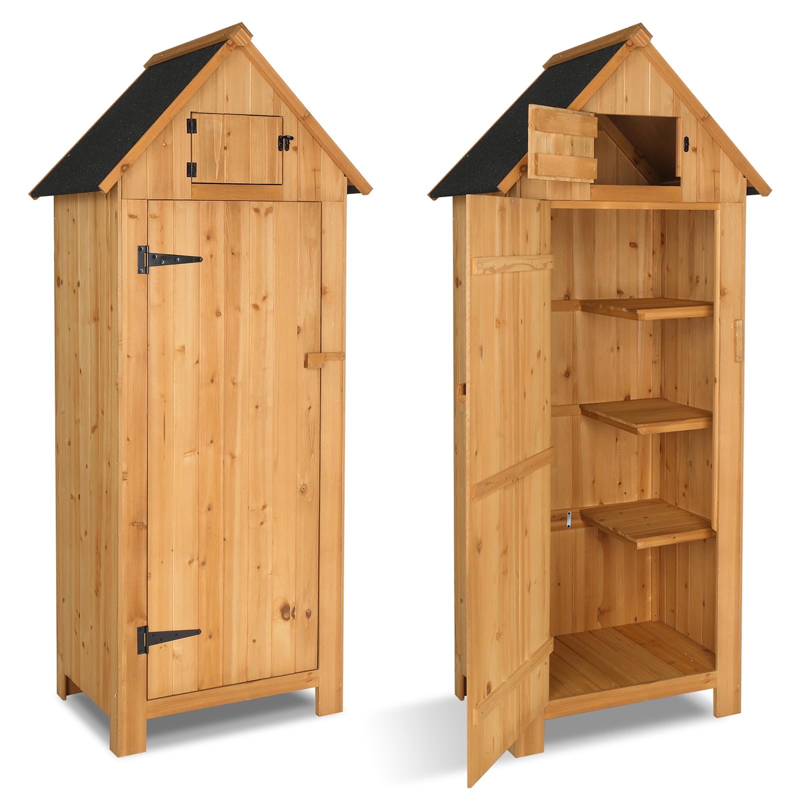 Wooden Garden Shed with Single Door and Slope Roof, Outdoor Storage Shed, Waterproof Utility Wooden Lockers, 77 x 54.3 x 179 cm, Wood Color