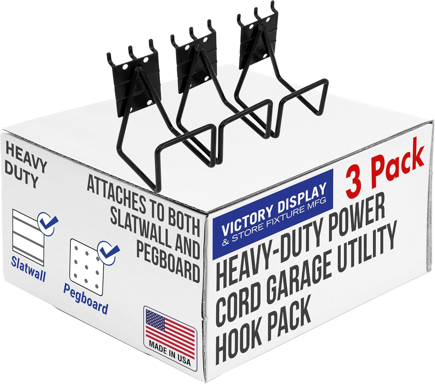 Heavy-Duty Power-Cord Garage Utility Hooks, Pack of Three, Fits Both Slatwall and Pegboard