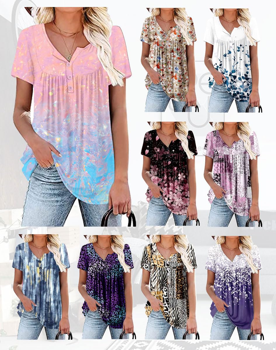Womens Summer Plus Size Tops Blouses Short Sleeve Shirts Lace Pleated Tunic Tops M-4XL