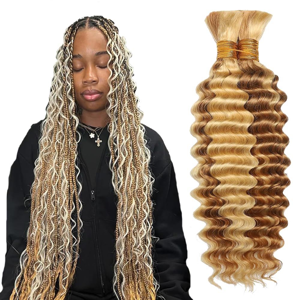 Evaxilc Human Braids Hair Deep Wave 28 28 Inch P27/613 Highlight Honey Blonde Color Unprocessed Virgin Bulk Human Hair Braiding For Woman 50g/bundle Total 100g