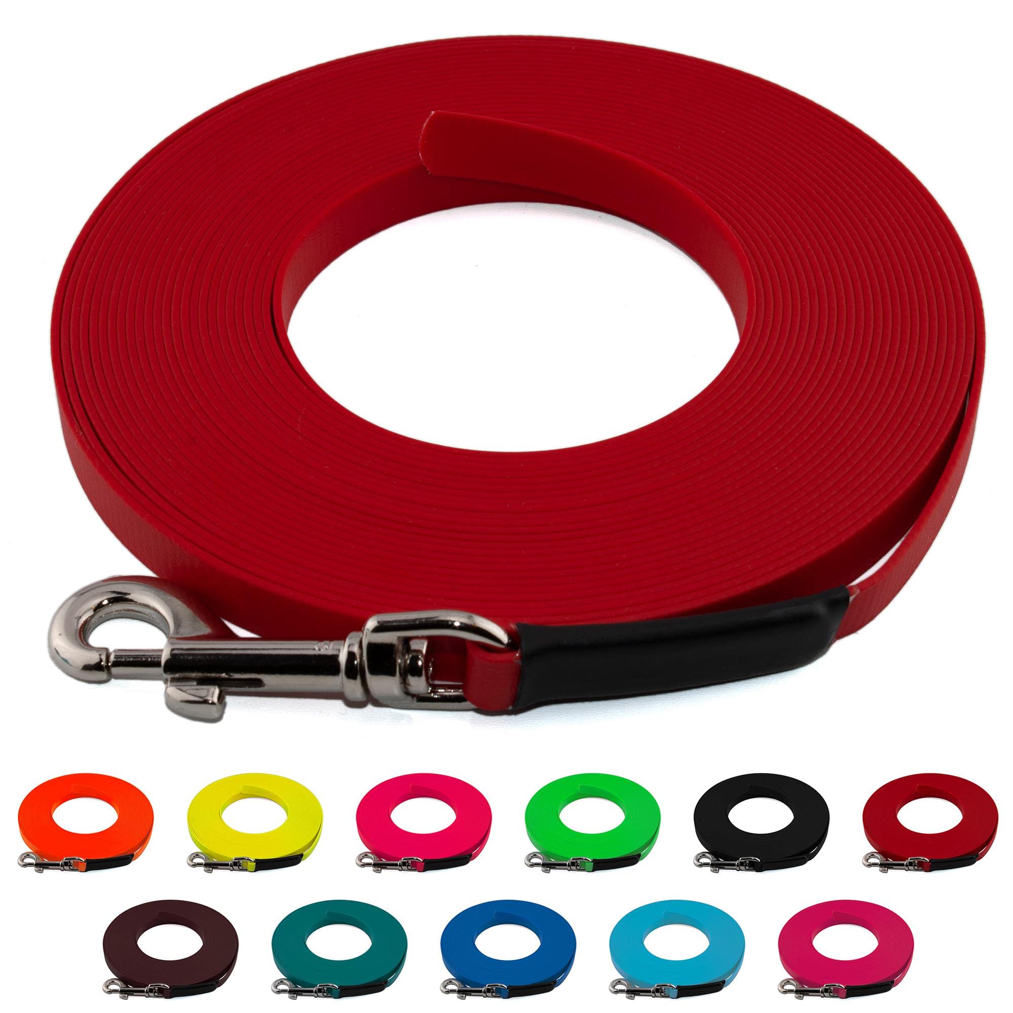 LENNIE Leichte BioThane Schleppleine, 13mm, Hunde 15-25kg, 30m lang, ohne Handschlaufe, Rot, genäht
